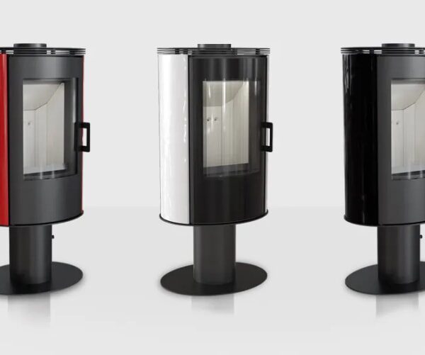 Kaminofen drehbar Kratki AB S/N/O/DR mit Standfuß und Keramikverkleidung 8 kW - Verkleidung: Schwarz - Front: Stahlfront mit Keramikglas