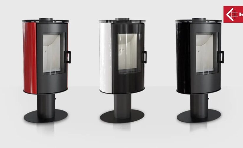 Kaminofen drehbar Kratki AB S/N/O/DR mit Standfuß und Keramikverkleidung 8 kW - Verkleidung: Schwarz - Front: Stahlfront mit Keramikglas
