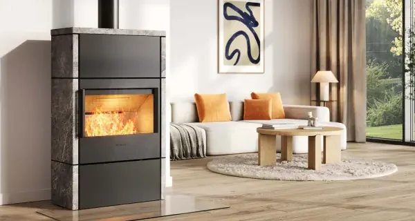 Kaminofen HWAM 5460 Autopilot Naturstein 6,3 kW - Ausführung: 5460c schwarz - Verkleidung: Speckstein - Rauchrohranschluss: Hinten